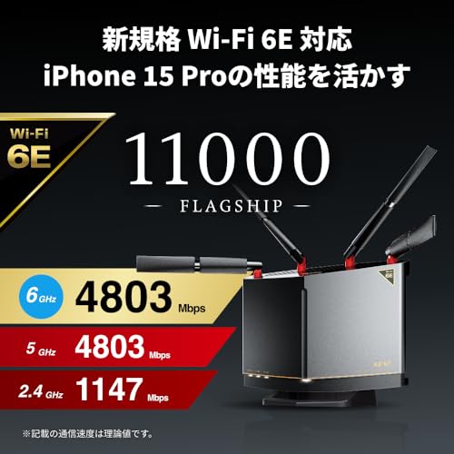 【Amazon.co.jp限定】 バッファロー WiFi ルーター 無線 LAN Wi-Fi 6E 11ax 6GHz トライバンド 12ストリーム 4803 + 4803 + 1147 Mbps 有線 10Gbps エコパッケージ 【 iPhone 16e / 16 / 15 / 14 / Nintendo Switch / PS5 動作確認済み 】 WXR-11000XE12/N